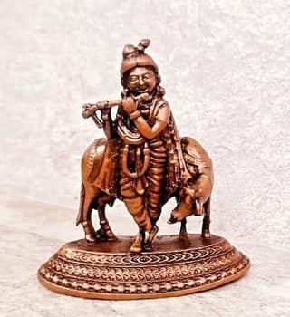 Searchers Paradise - Copper Idols Krishna with cow, 2.4 inches, Copper Handmade 107 Grams, Patina Antique Finish, Pack of 1 Piece
