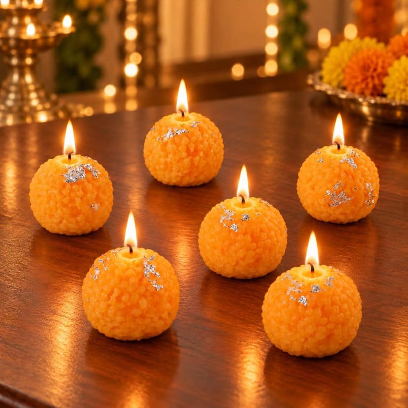 Laddu Design Wax Candles for Diwali Decor, Pooja & Festive Gifting (6 Pc)