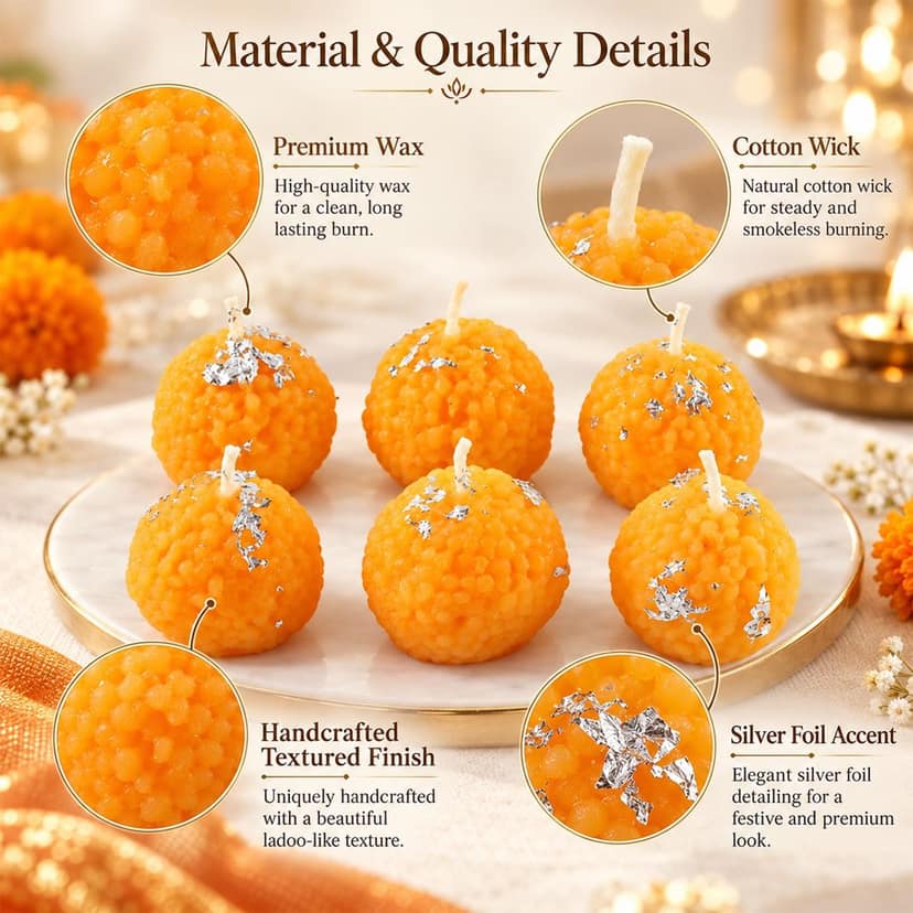 Laddu Design Wax Candles for Diwali Decor, Pooja & Festive Gifting (6 Pc) view 3