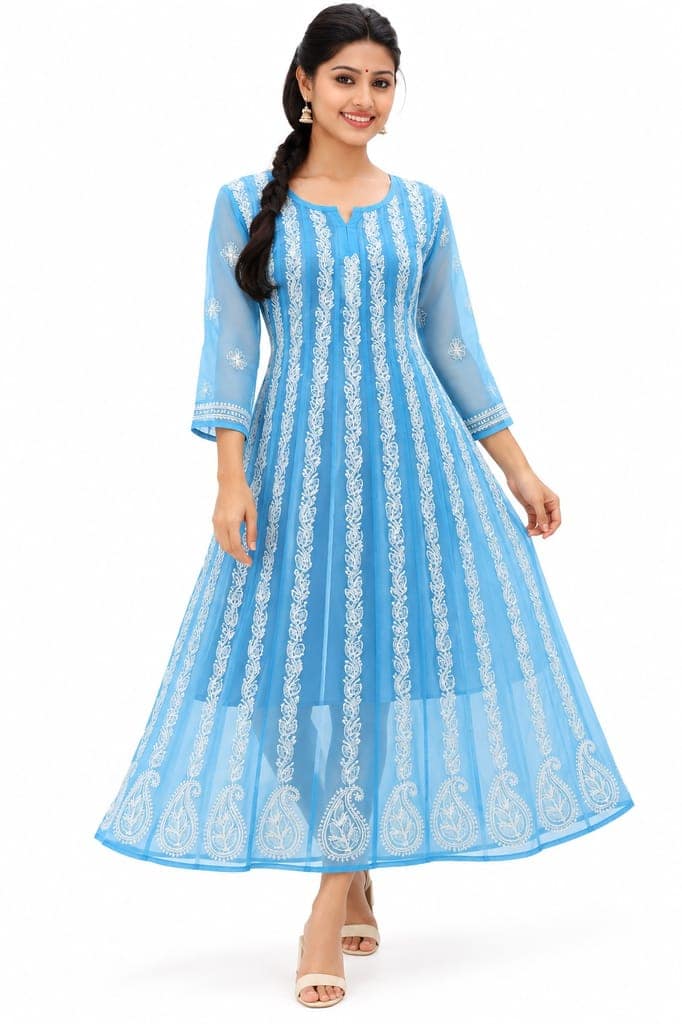Mrs Right Women’s Lucknowi Chikankari Anarkali Kurta in Soft Georgette | Handcrafted Floral Embroidery | 3/4 Sleeves | 45 Inch Length | 74 Inch Flare | Festive Ethnic Wear