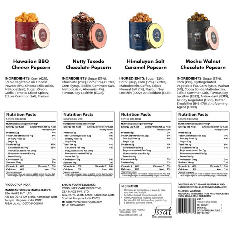4700BC Gourmet Popcorn, Festive Gift Box, 440g, (4 Tins: 1 Hawaiian Barbeque Cheese, 1 Himalayan Salt Caramel, 1 Nutty Tuxedo Chocolate and 1 Mocha Walnut Chocolate) view 2