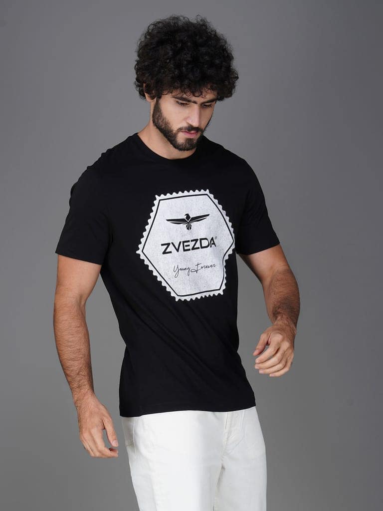 Premium Single Jersey Cotton Branded Round Neck Tee-Black view 3