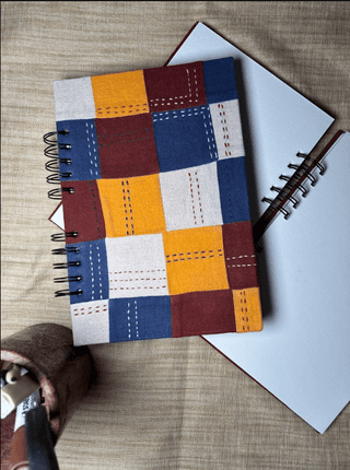 Handmade Multi-Color Patchwork Fabric Spiral Notebook - A5 Size, Plain Pages