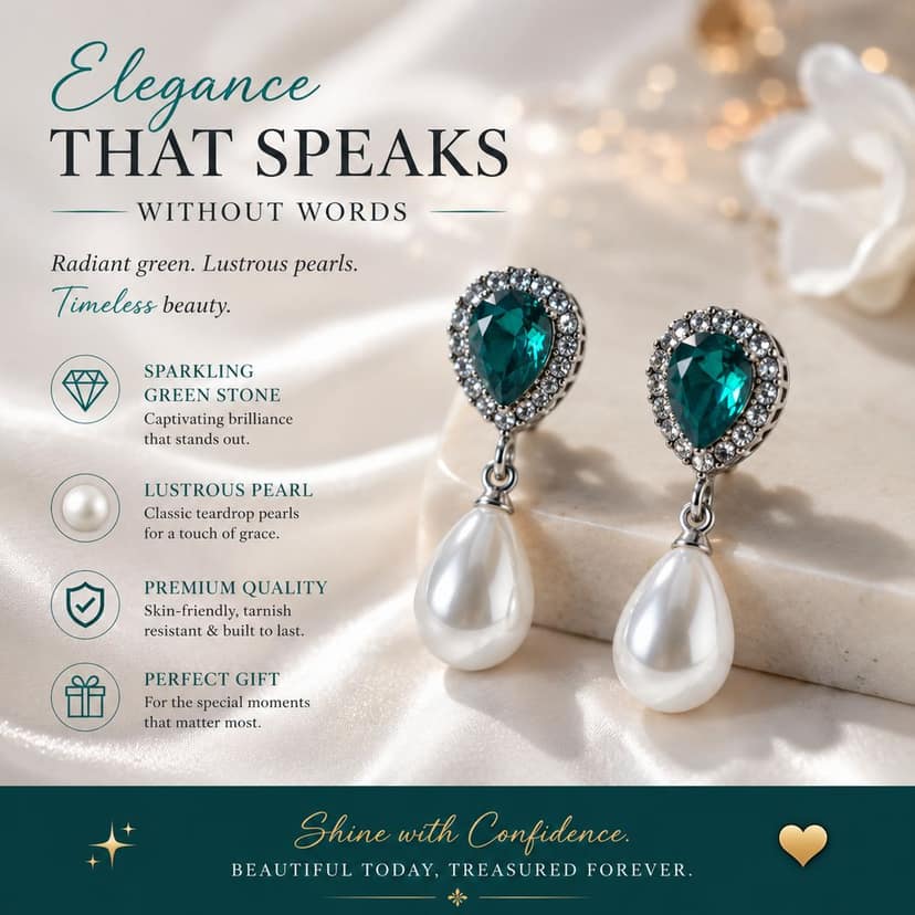 Elegantra Women's Green Crystal Teardrop Pearl Drop Earrings | Elegant CZ Stone Stud Earrings | Party Wear, Wedding & Daily Wear Fashion Jewelry view 3