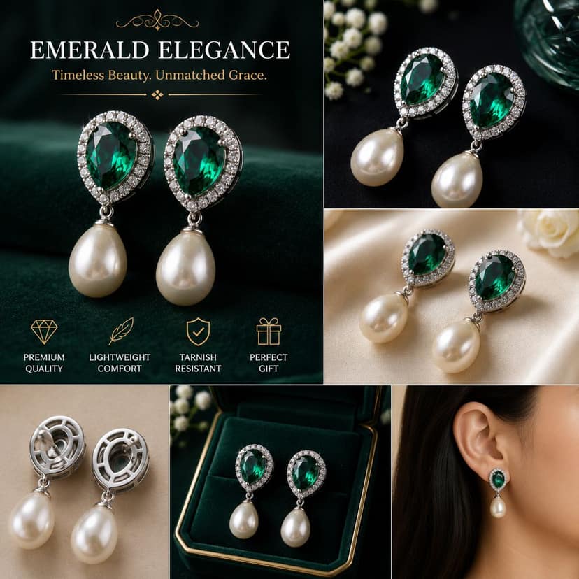 Elegantra Women's Green Crystal Teardrop Pearl Drop Earrings | Elegant CZ Stone Stud Earrings | Party Wear, Wedding & Daily Wear Fashion Jewelry view 6