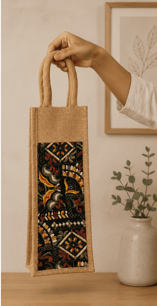 Single Bottle Jute Bag with Kalamkari Print view 3