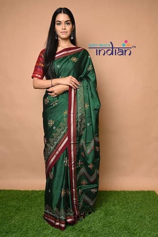 Exclusive Traditional Khun Saree - Cotton Resham Authentic Handwoven Saree, Bottle Green Weave with Kashida work - Red Border