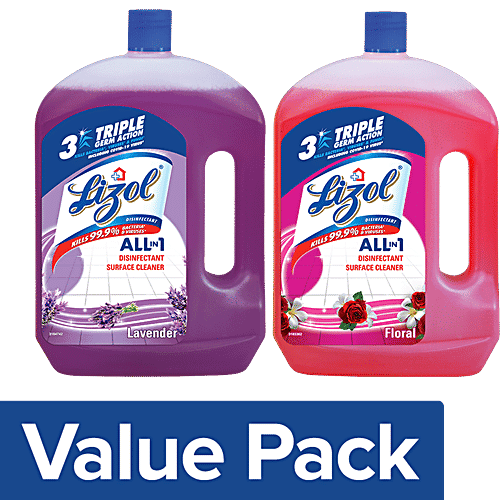 Lizol Disinfectant Surface & Floor Cleaner Liquid - Combo Lavender & Floral, 2 l (Pack of 2)