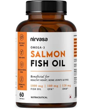 Nirvasa Salmon Fish Oil Softgel Capsule, for Healthy Heart, Brain and Eyes, enriched with Fish Oil 1000mg, EPA 180 mg (1 X 60 Softgel Capsules)