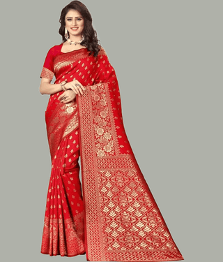 GARIYA Banarasi Silk Embellished Saree With Unstitched Blouse Piece ( Red )
