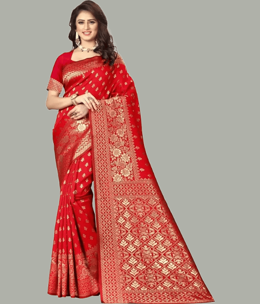 GARIYA Banarasi Silk Embellished Saree With Unstitched Blouse Piece ( Red )