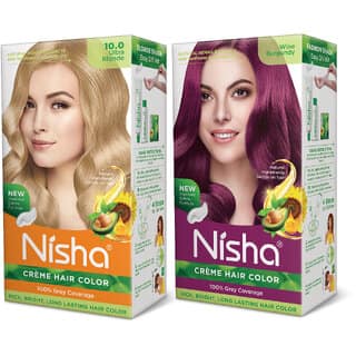 Nisha Cream Hair Color Rich Bright Long Lasting Hair Colouring For Ultra Soft Deep Shine Grey Coverage Conditioning With Natural Herbs , Ultra Blonde & Wine Burgundy