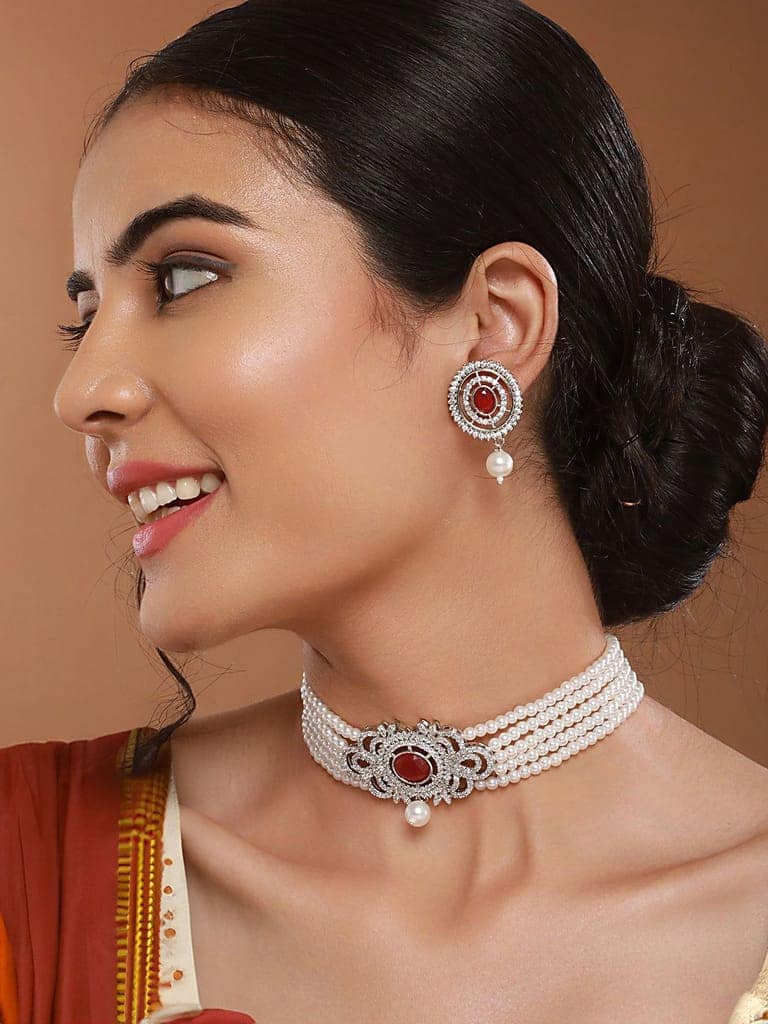 Silver Toned Red Ruby Studded Pearl Beaded Choker Jewellery Set view 2