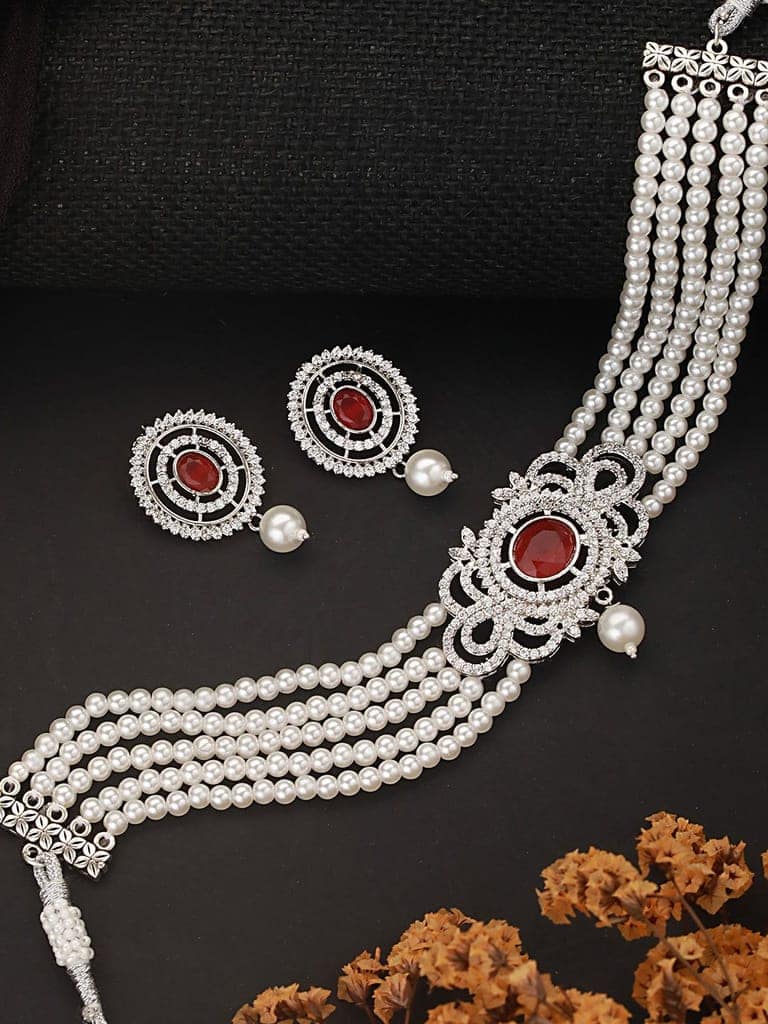 Silver Toned Red Ruby Studded Pearl Beaded Choker Jewellery Set view 3