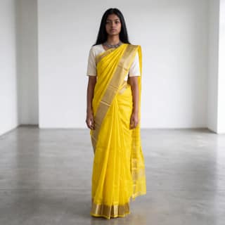 Yellow Mangalgiri Silk-Cotton Saree with Phoda Kumbha Temple Border