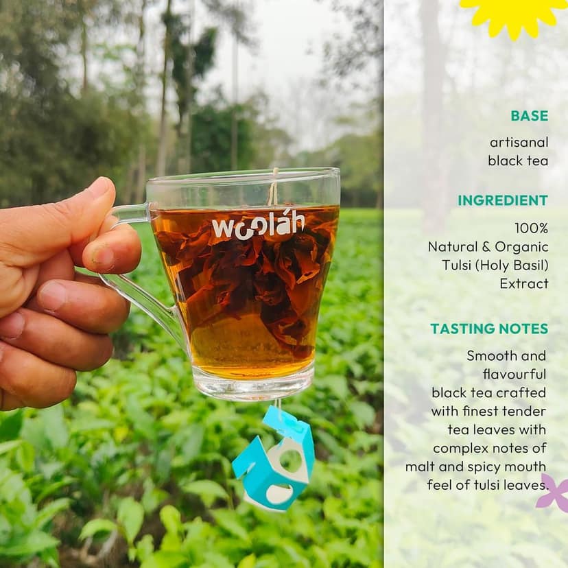 Woolah Rare Assam Tulsi Green Tea - World's 1st Bagless Whole Leaf Organic Tea Dip | 15 pcs | Single Origin Tea | Naturally Anti-Oxidant With Tulsi's Healing Properties | Plastic-free view 5