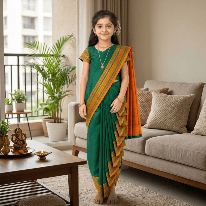 luster Shahi Mastani Nauvari saree for kids/girls Ready-to-wear with a stitched blouse, Traditional Maharashtrian Marathi saree, for School program ganpati pujas festival (Green, 15-16 Years) view 3