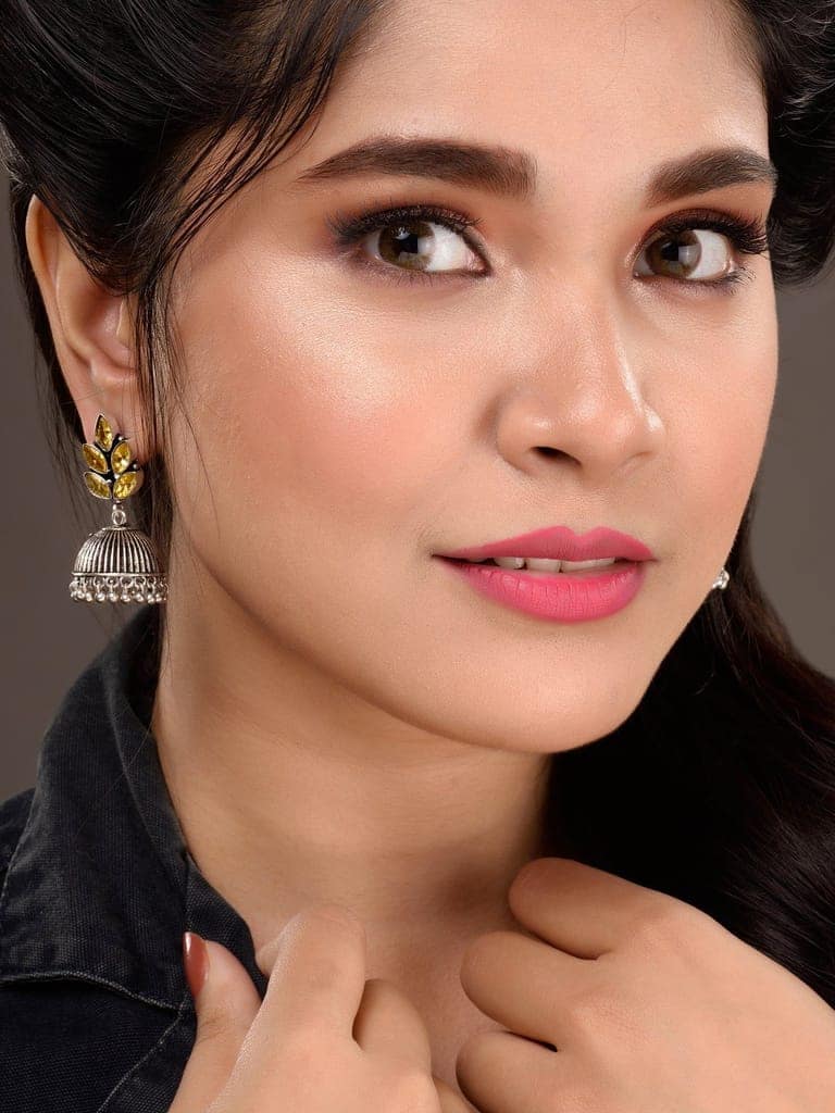 Oxidised Silver Toned Yellow Stone Studded Jhumka Earrings