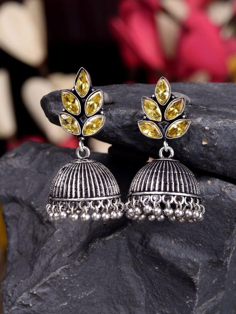 Oxidised Silver Toned Yellow Stone Studded Jhumka Earrings view 2