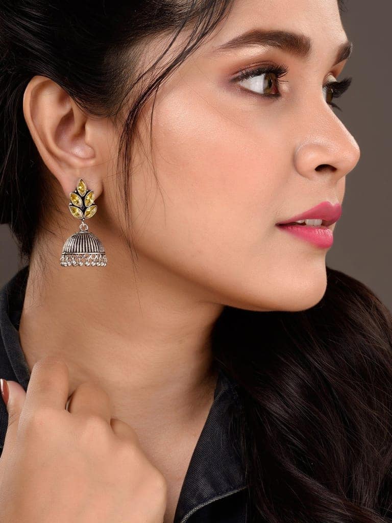 Oxidised Silver Toned Yellow Stone Studded Jhumka Earrings view 3