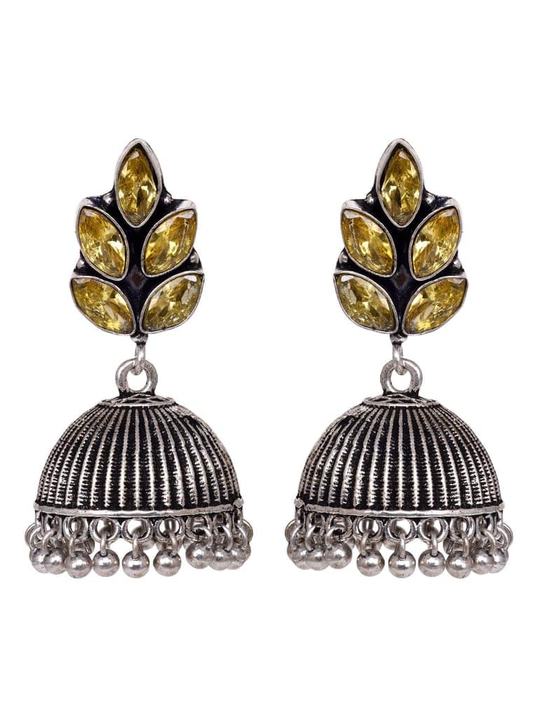 Oxidised Silver Toned Yellow Stone Studded Jhumka Earrings view 4