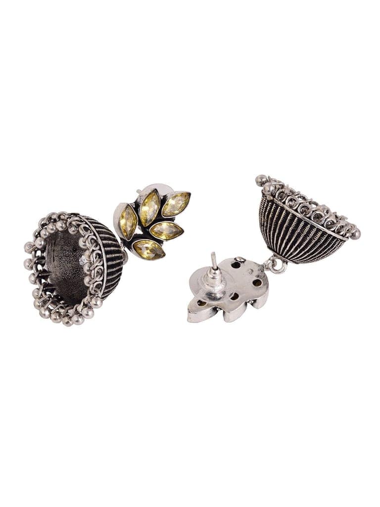 Oxidised Silver Toned Yellow Stone Studded Jhumka Earrings view 5