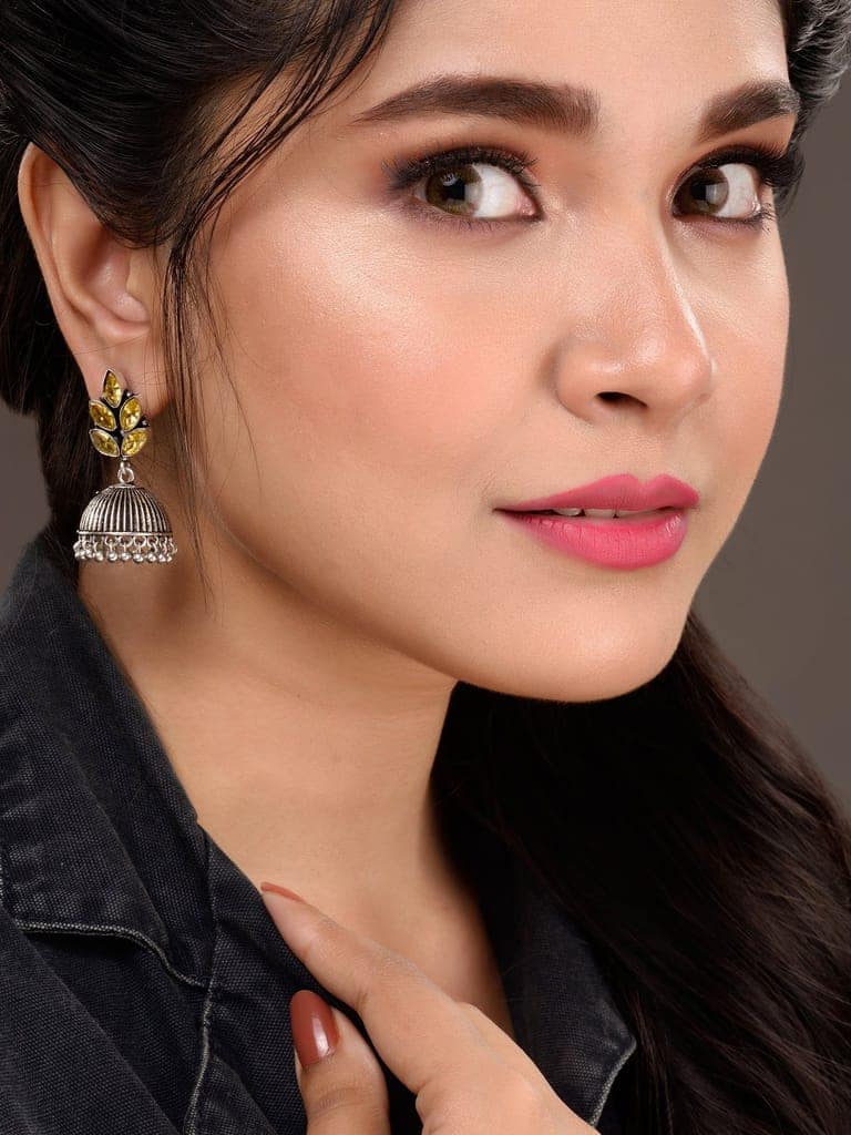 Oxidised Silver Toned Yellow Stone Studded Jhumka Earrings view 6