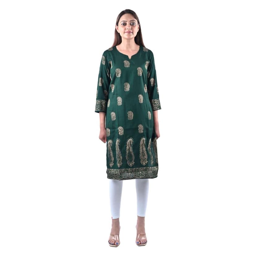 Women's Rayon Cotton Mix Fabric Slint Stylish Hand Block Printed Kurti Green