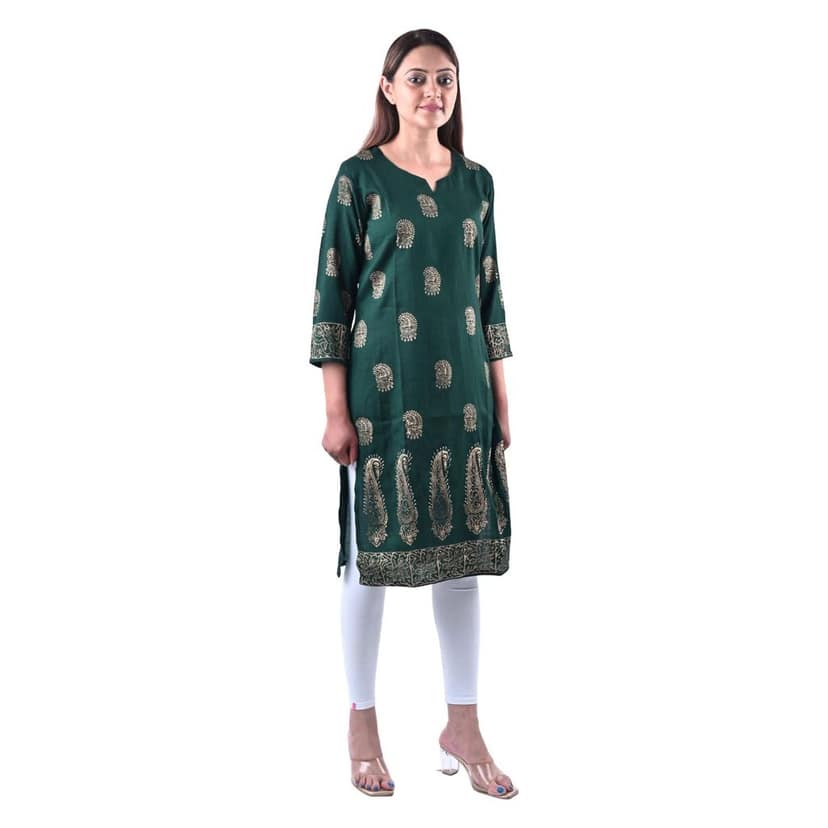 Women's Rayon Cotton Mix Fabric Slint Stylish Hand Block Printed Kurti Green view 2