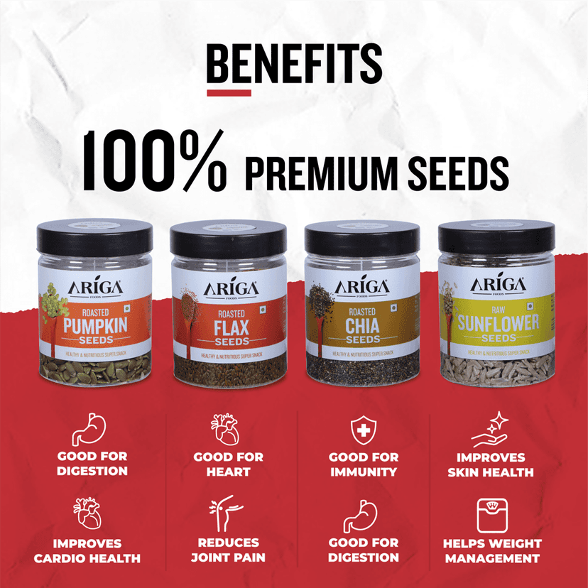 Ariga Foods Pumpkin Seeds, Flax Seeds, Sunflower Seeds 200g each, Chia Seeds 250g | Premium Raw Seeds Combo Pack (850 g) view 4