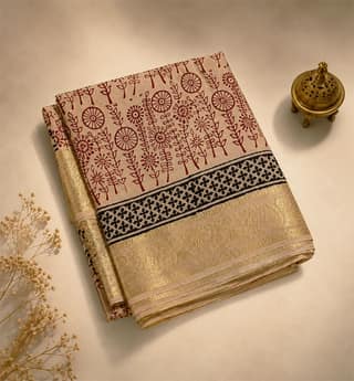 Handcrafted Bagh Print Crepe Saree with Zari Border