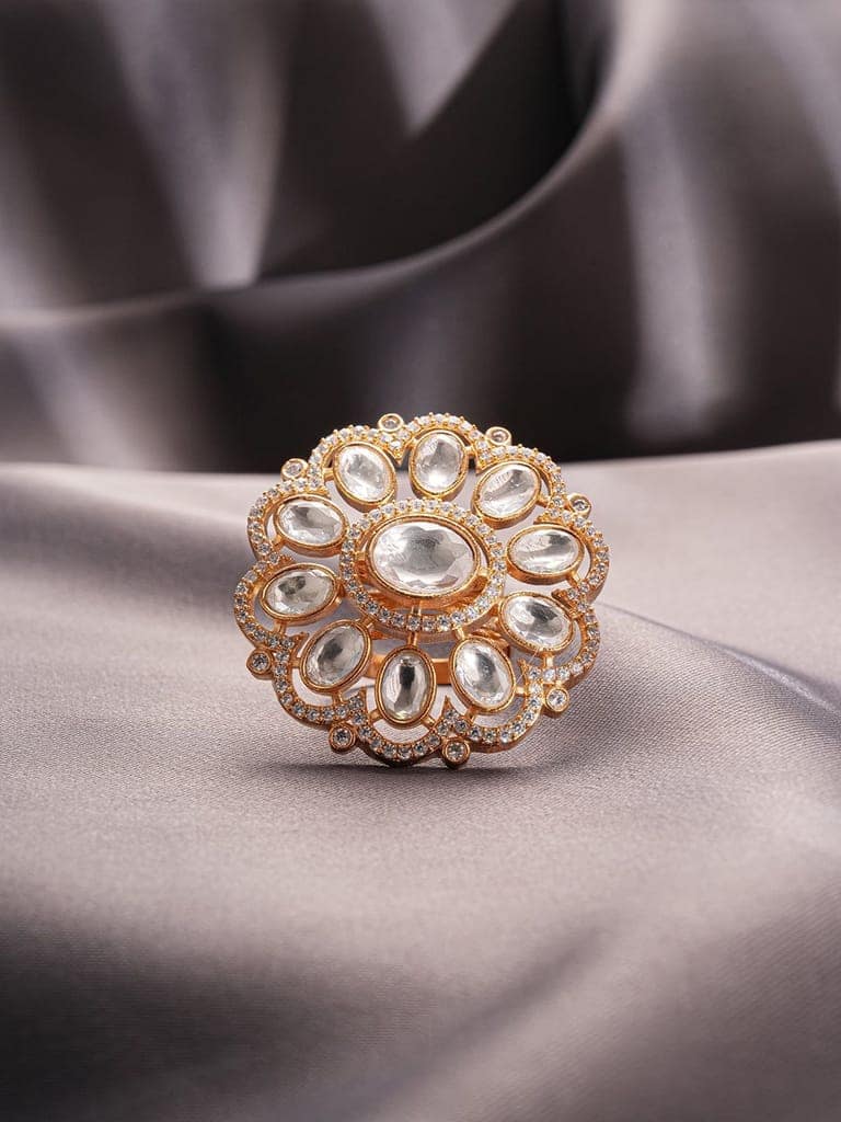 Gold Plated Kundan Mossanite Studded Floral Bridal Handcrafted Adjustable Finger Rings