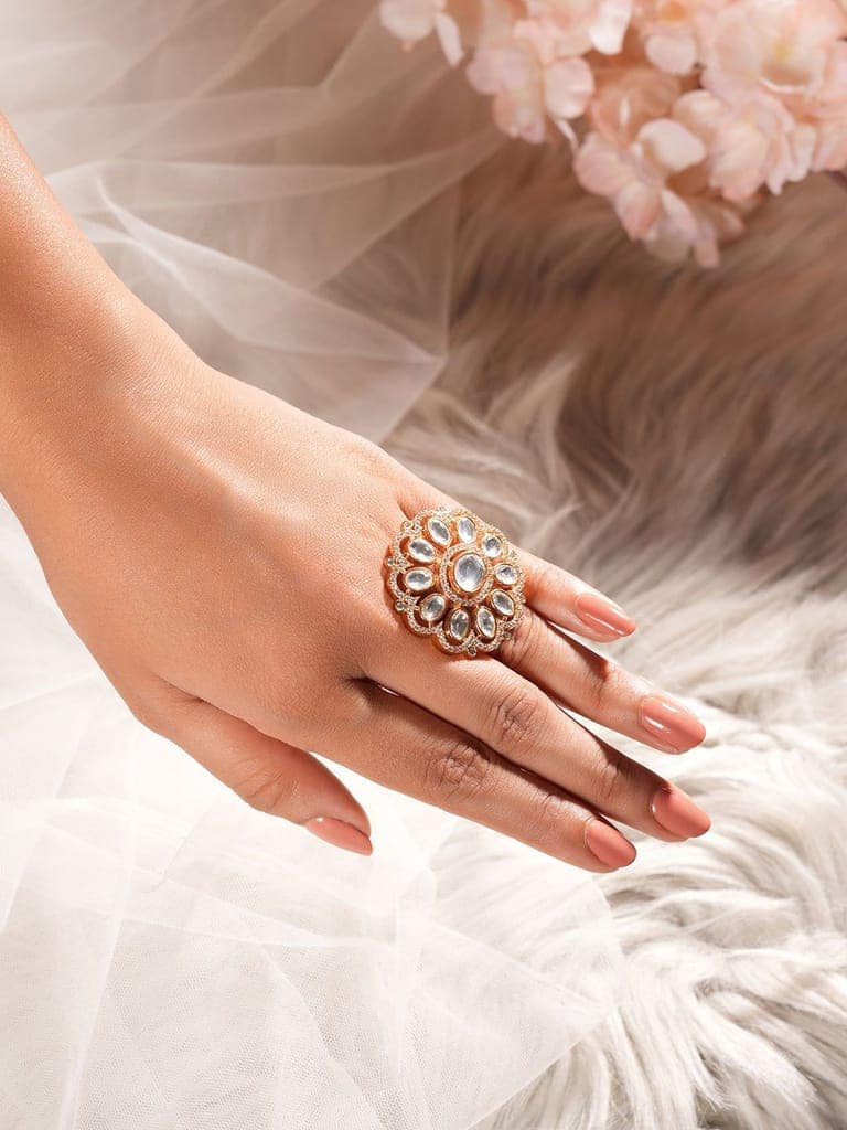Gold Plated Kundan Mossanite Studded Floral Bridal Handcrafted Adjustable Finger Rings view 2