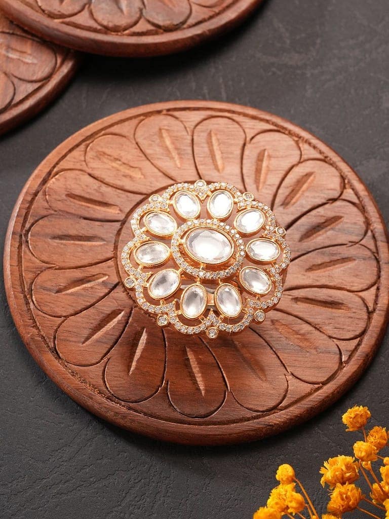 Gold Plated Kundan Mossanite Studded Floral Bridal Handcrafted Adjustable Finger Rings view 5