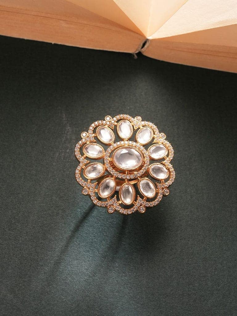 Gold Plated Kundan Mossanite Studded Floral Bridal Handcrafted Adjustable Finger Rings view 6