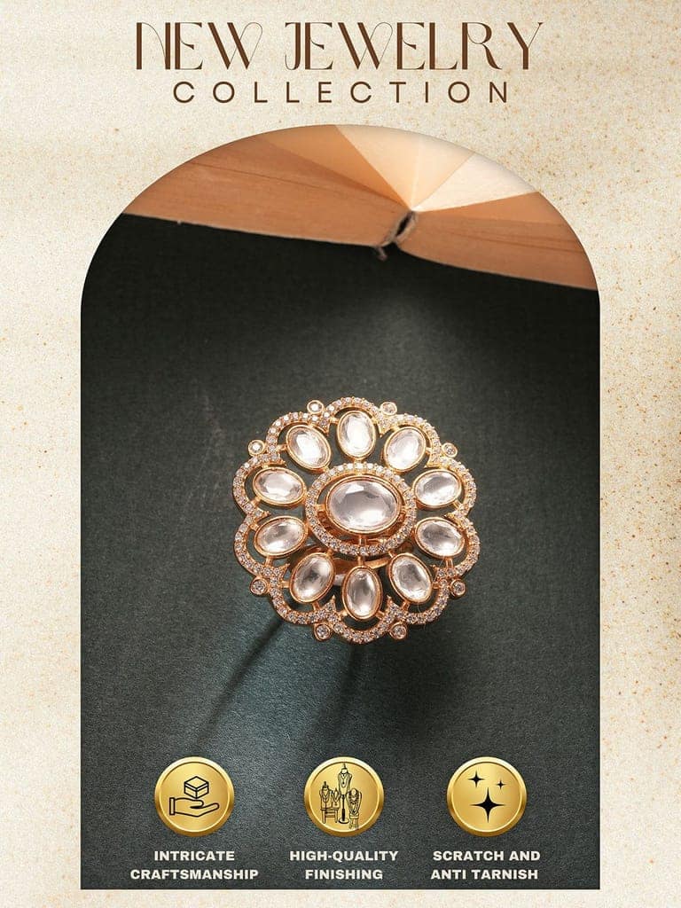 Gold Plated Kundan Mossanite Studded Floral Bridal Handcrafted Adjustable Finger Rings view 8