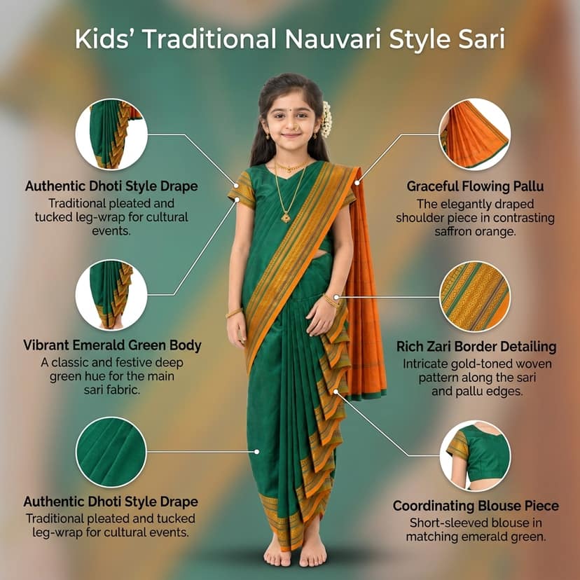 luster Shahi Mastani Nauvari saree for kids/girls Ready-to-wear with a stitched blouse, Traditional Maharashtrian Marathi saree, for School program ganpati pujas festival (Green, 11-12 Years) view 4