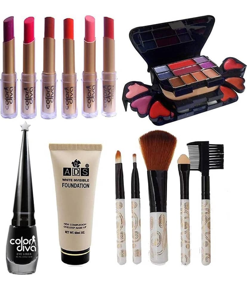 Adbeni Cosmetic Combo With Lipstick, Eyeliner, Brushes Makeup Kit Pack of 10 93