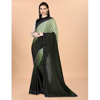 Dark Green And Green Colour Chinon Silk Saree With Lace