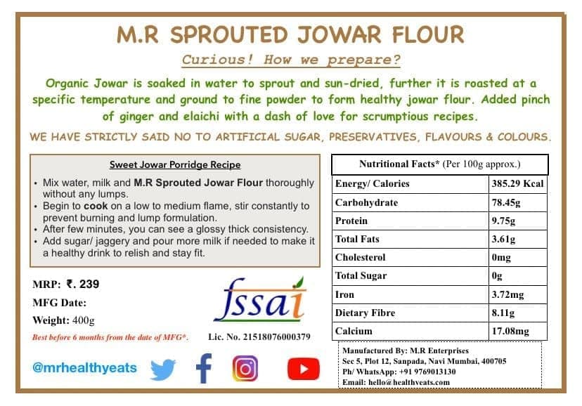 M.R Healthy Eats- Organic Sprouted Jowar Flour For Kids & Adults In Food-Grade Container 400 gms (+6 months) view 4