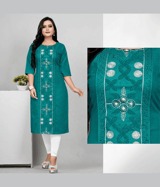 RIAANA Women Cotton Blend Embroidered A-line Kurti ( Teal )