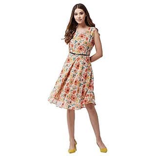 Miss Chase Womens Multicolor Round Neck Sleeveless Belted Floral Skater Knee Long Dress with Zip Closure