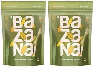 Bazana Premium Kismis: Nutritious Green Raisins - Dried Grapes Kishmish - 250g x Pack of 2 - Rich in Iron & Vitamin B
