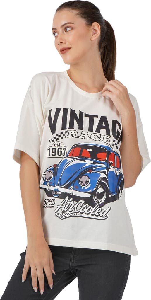 BlueFicus Printed Oversize Cotton Tshirt for Women Short Sleeve Tshirt for Casual Wear (Off White) view 4