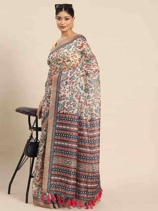 Women's Pure Cotton block print saree with unstiched blouse piece