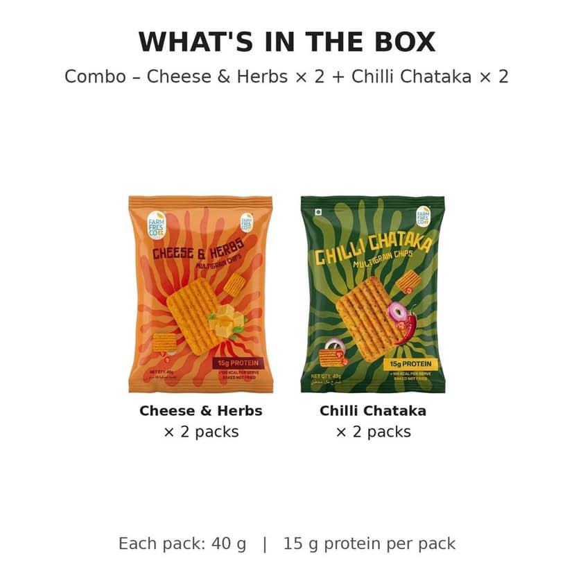 FarmFresco Protein Multigrain Chips Combo - Cheese & Herbs + Chilli Chataka (4 x 40g) view 2