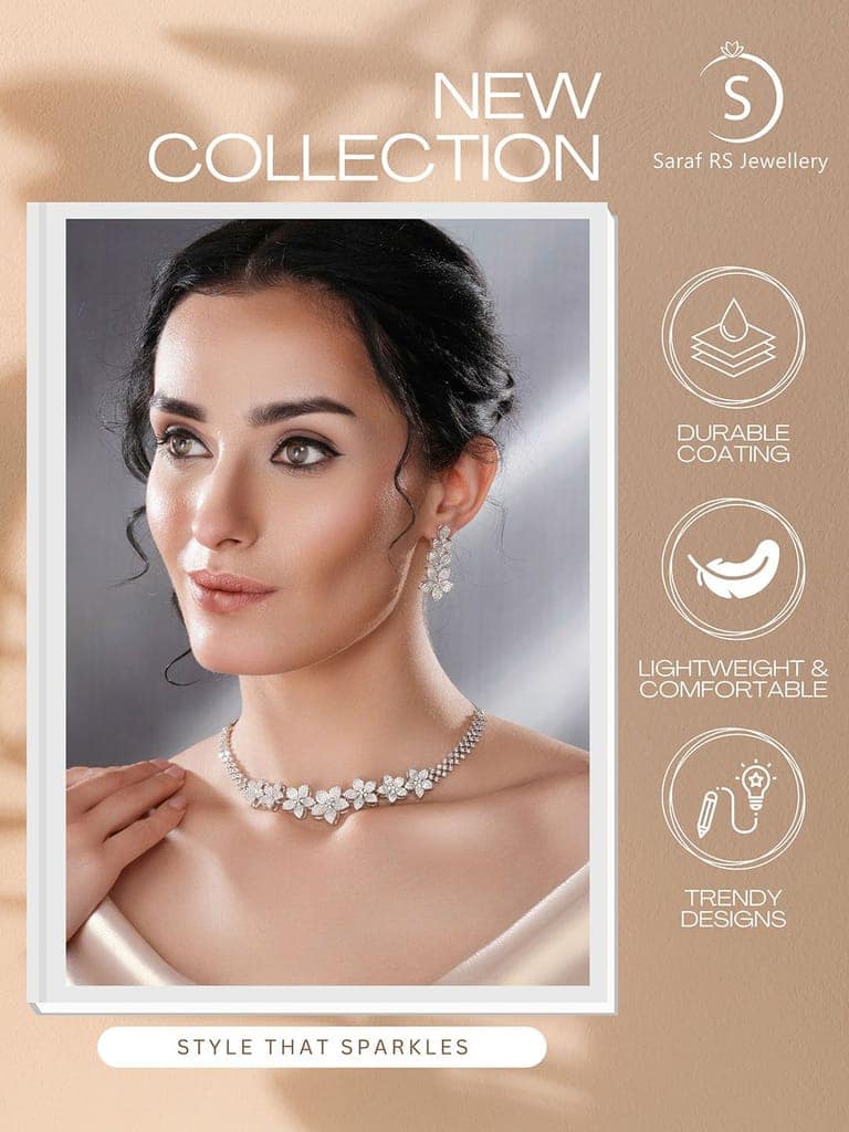 White Rhodium Plated Cubic Zircon Studded Statement Floral Luxe Necklace Jewellery Set view 10