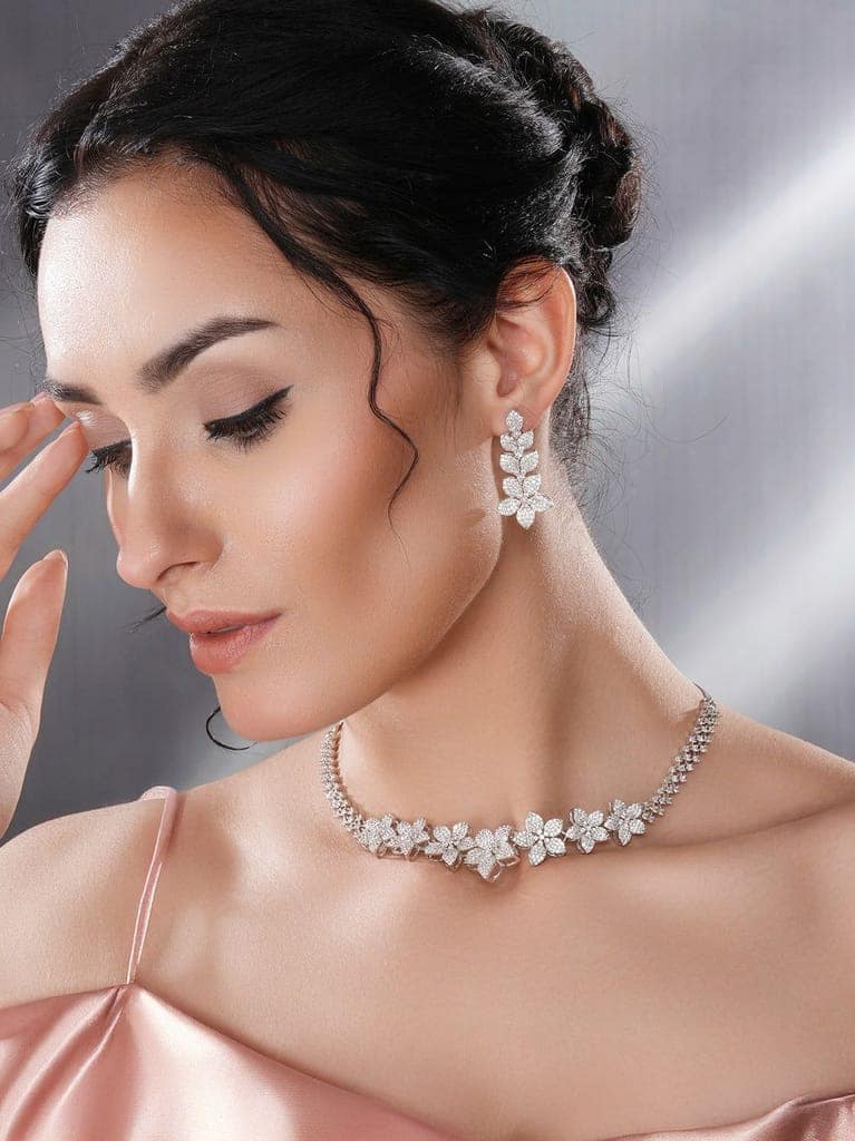 White Rhodium Plated Cubic Zircon Studded Statement Floral Luxe Necklace Jewellery Set view 2