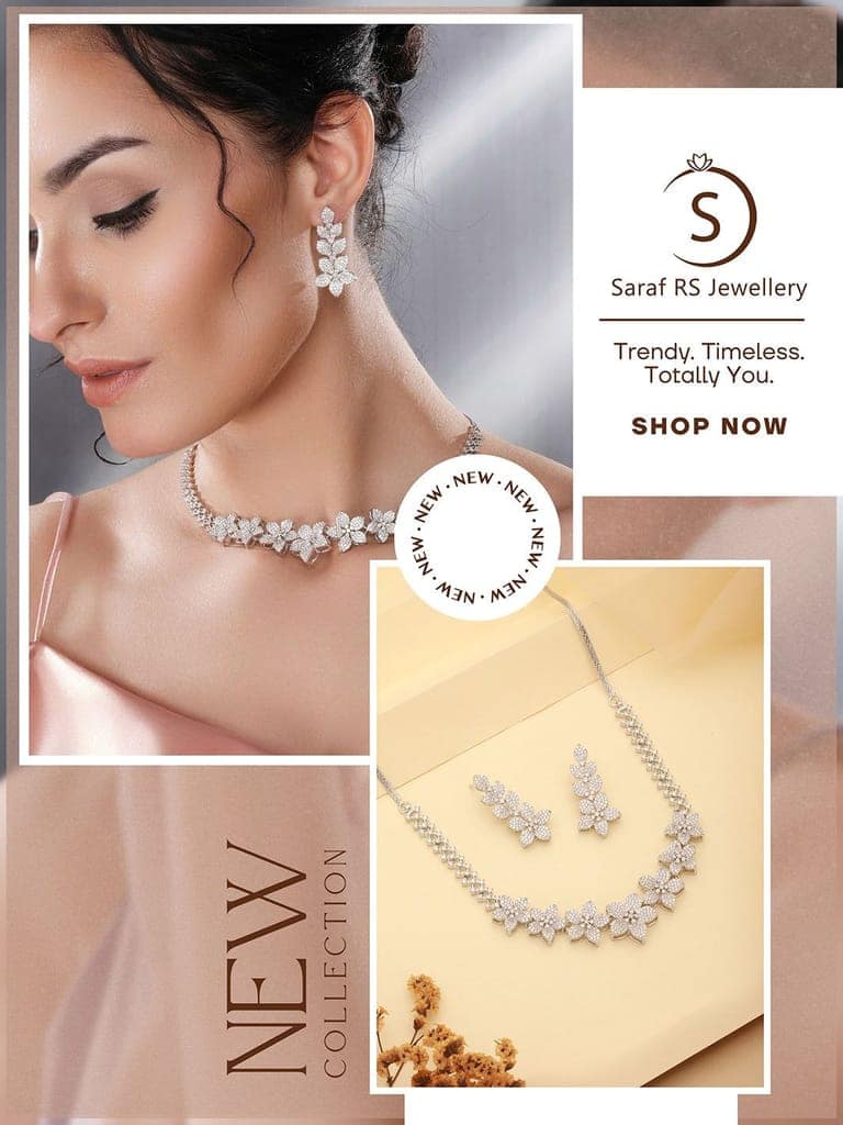 White Rhodium Plated Cubic Zircon Studded Statement Floral Luxe Necklace Jewellery Set view 3