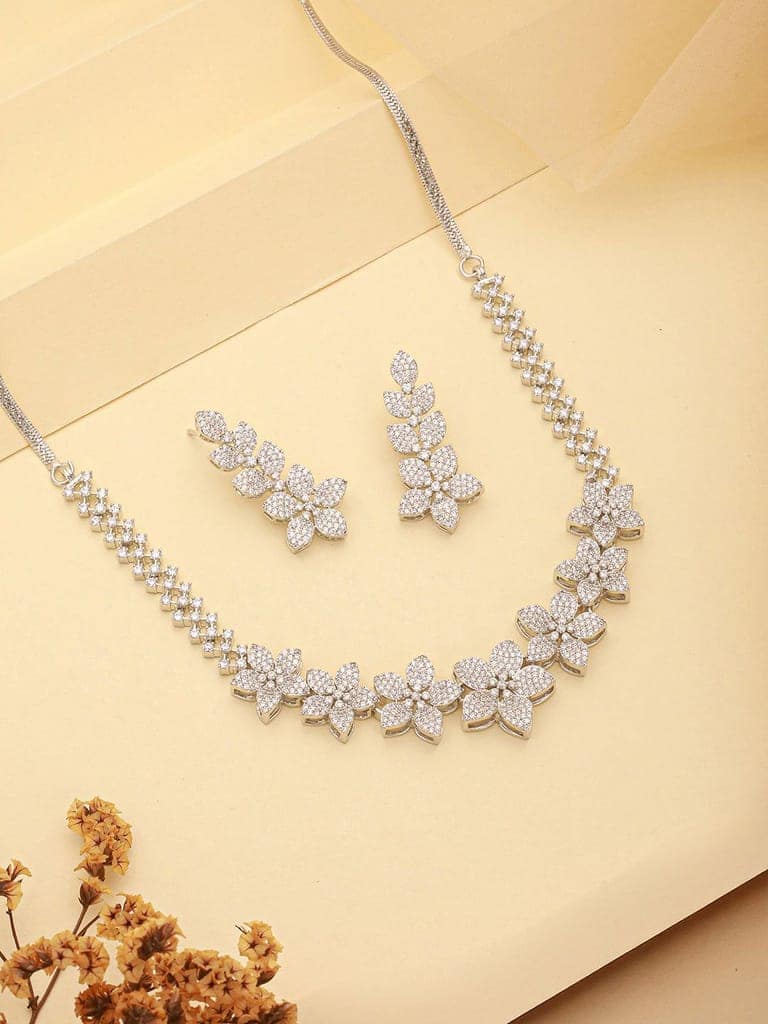 White Rhodium Plated Cubic Zircon Studded Statement Floral Luxe Necklace Jewellery Set view 4